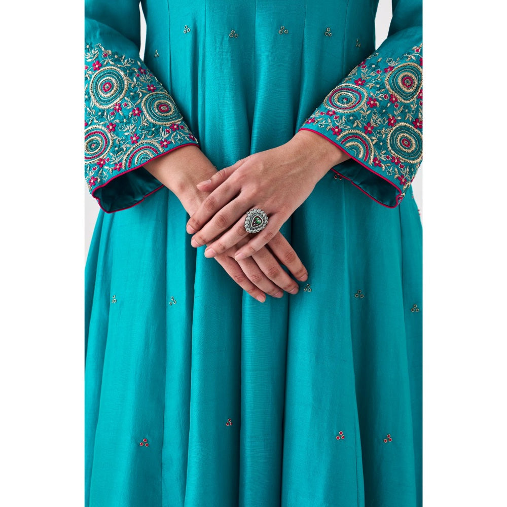 Janki India Turquoise Silk Dupion Embroidered Anarkali with Pant and Dupatta (Set of 3)