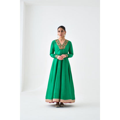 Janki India Green Silk Dupion Embroidered Anarkali with Pant and Dupatta (Set of 3)