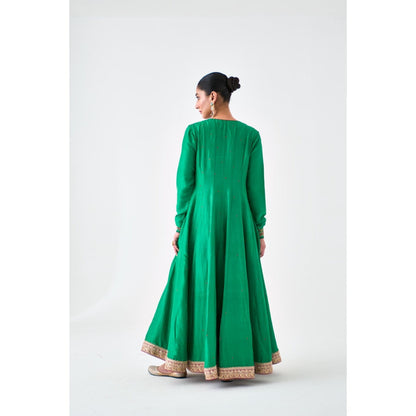 Janki India Green Silk Dupion Embroidered Anarkali with Pant and Dupatta (Set of 3)