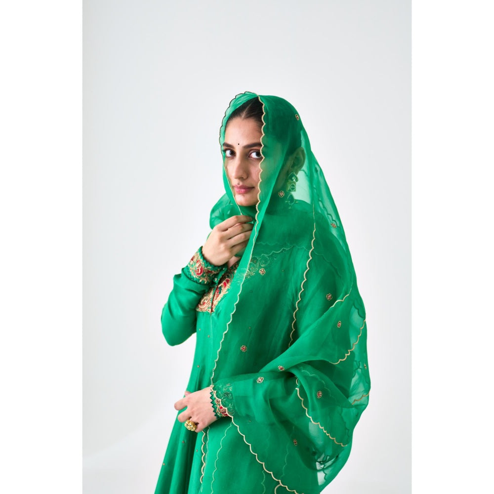 Janki India Green Silk Dupion Embroidered Anarkali with Pant and Dupatta (Set of 3)