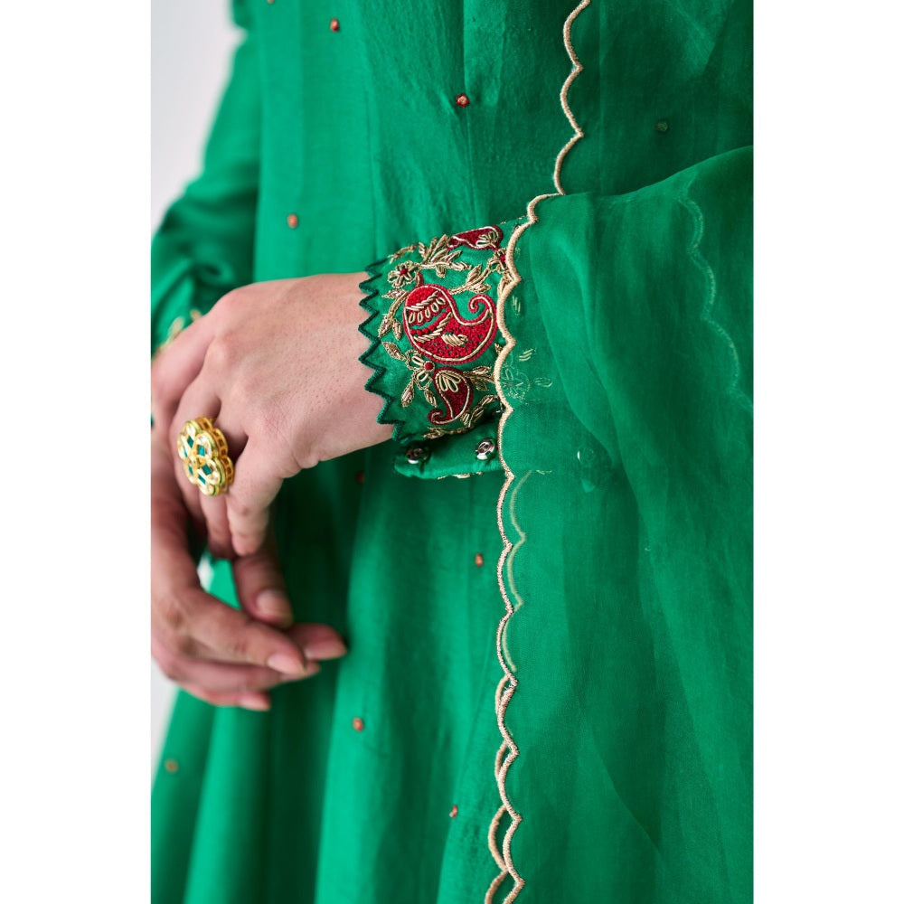 Janki India Green Silk Dupion Embroidered Anarkali with Pant and Dupatta (Set of 3)