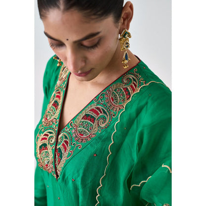 Janki India Green Silk Dupion Embroidered Anarkali with Pant and Dupatta (Set of 3)