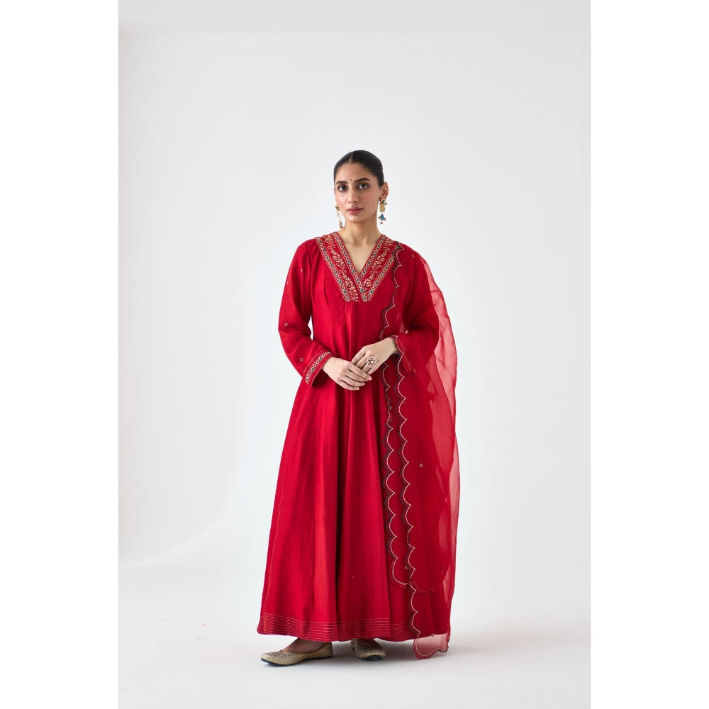 Janki India Red Dupion Silk Embroidered V Neck Anarkali with Pant and Dupatta (Set of 3)