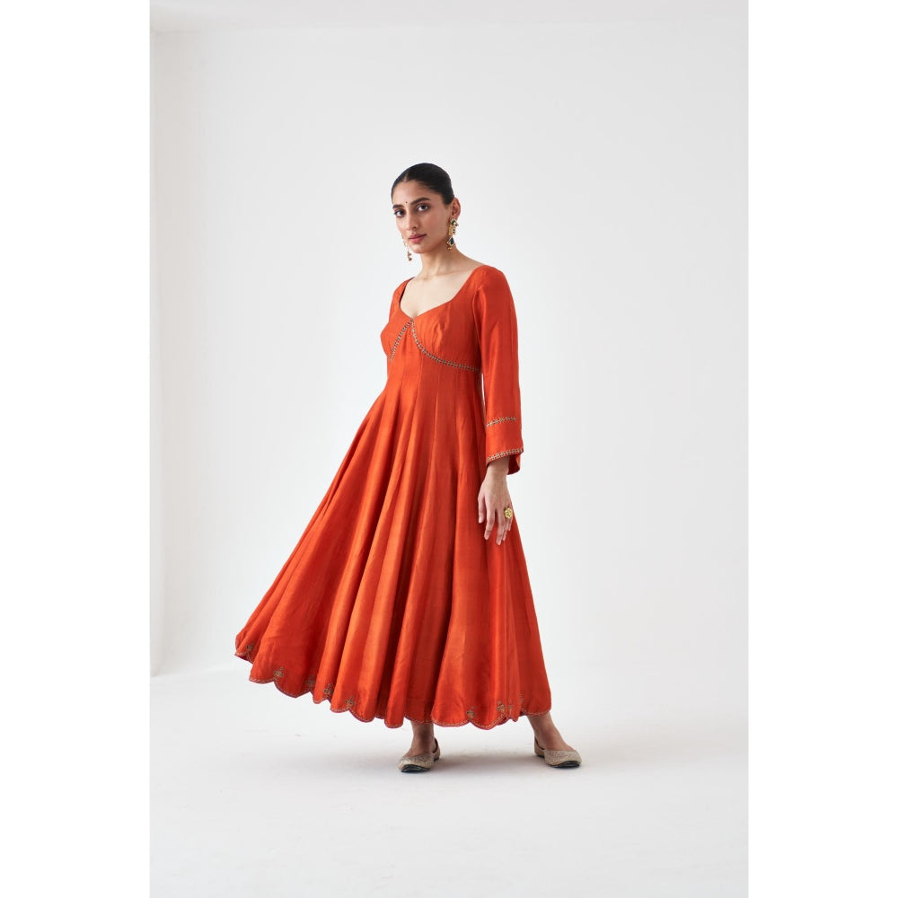 Janki India Rust Silk Dupion Embroidered Anarkali with Pant and Dupatta (Set of 3)