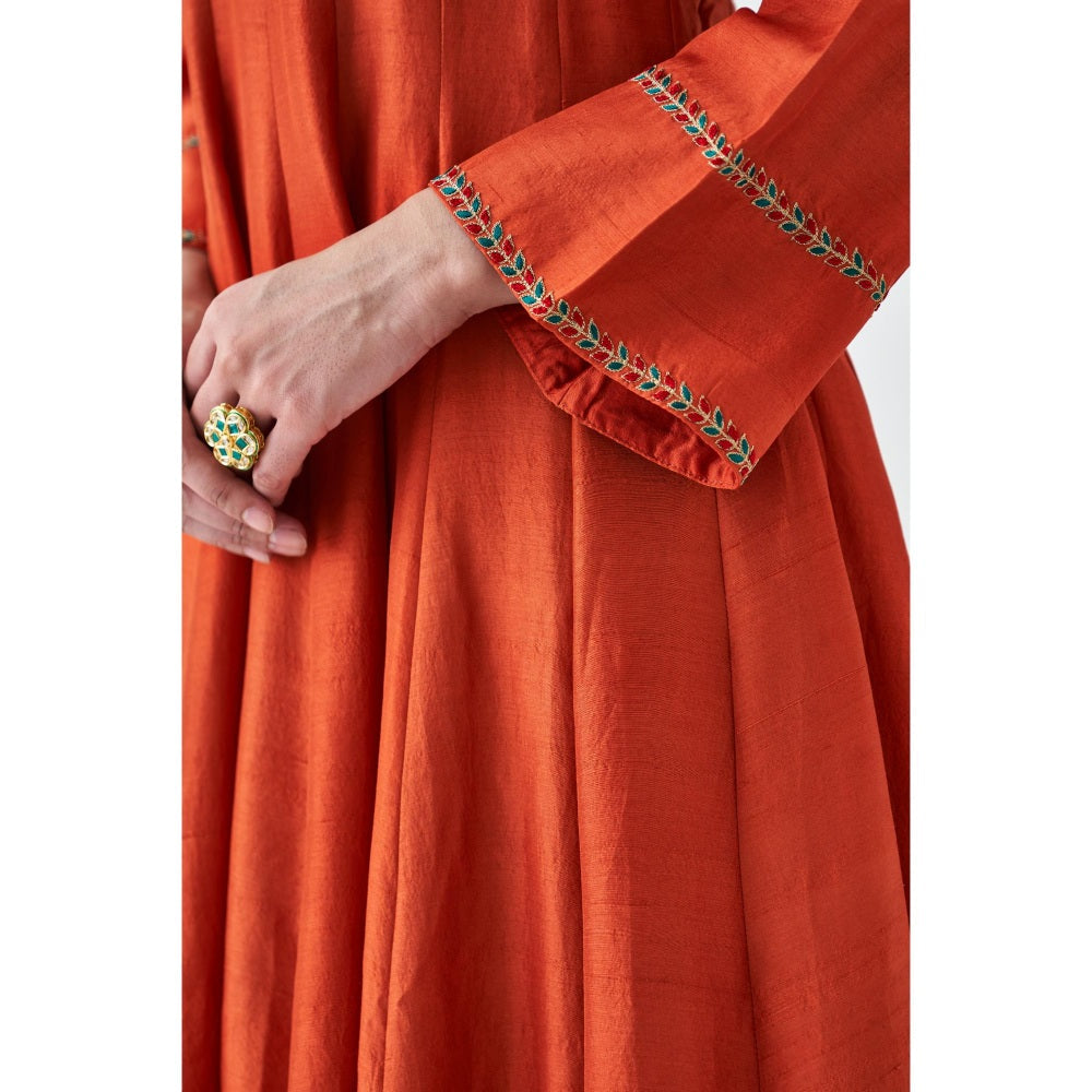 Janki India Rust Silk Dupion Embroidered Anarkali with Pant and Dupatta (Set of 3)