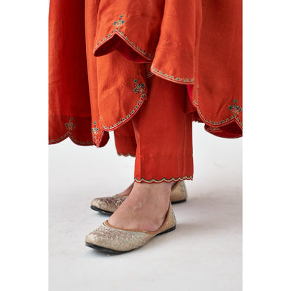 Janki India Rust Silk Dupion Embroidered Anarkali with Pant and Dupatta (Set of 3)
