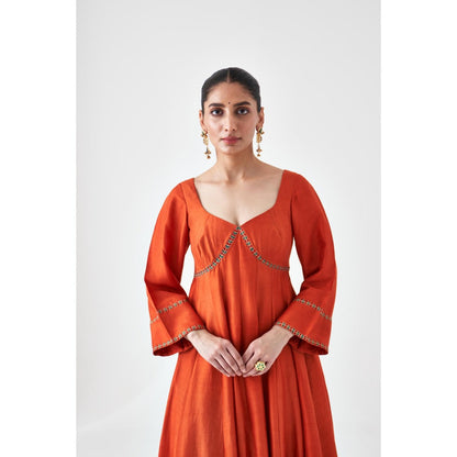 Janki India Rust Silk Dupion Embroidered Anarkali with Pant and Dupatta (Set of 3)