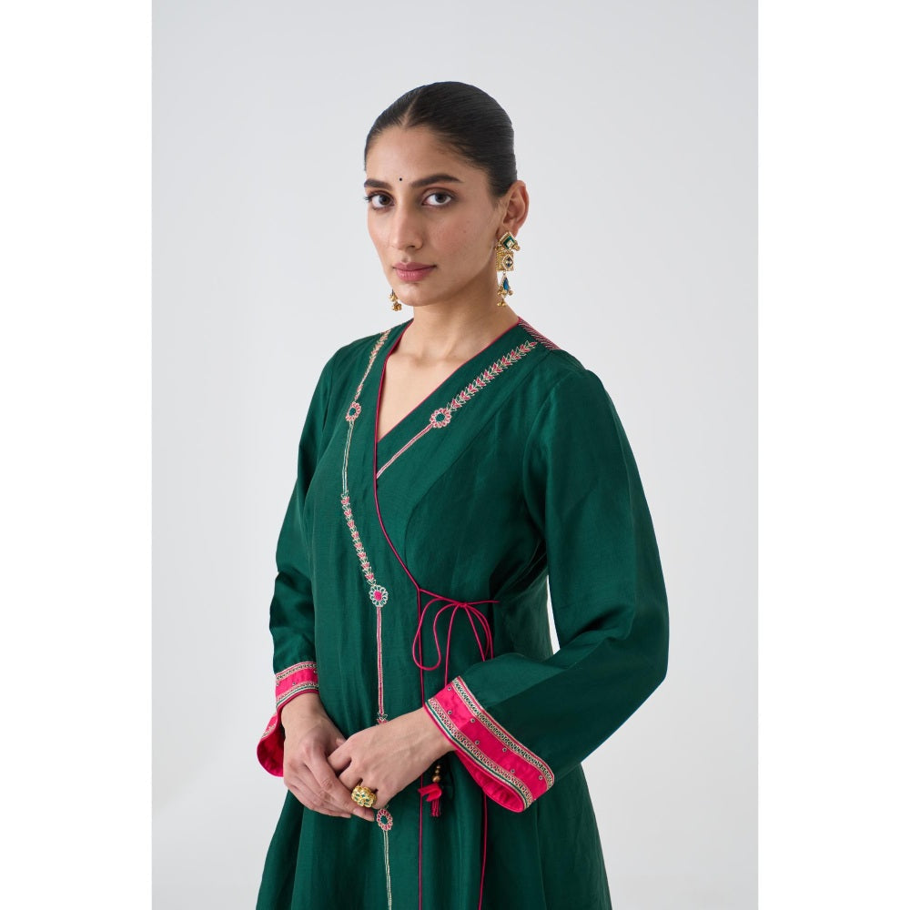 Janki India Dark Green Embroidered Angrakha with Pant and Dupatta (Set of 3)