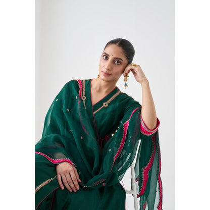Janki India Dark Green Embroidered Angrakha with Pant and Dupatta (Set of 3)
