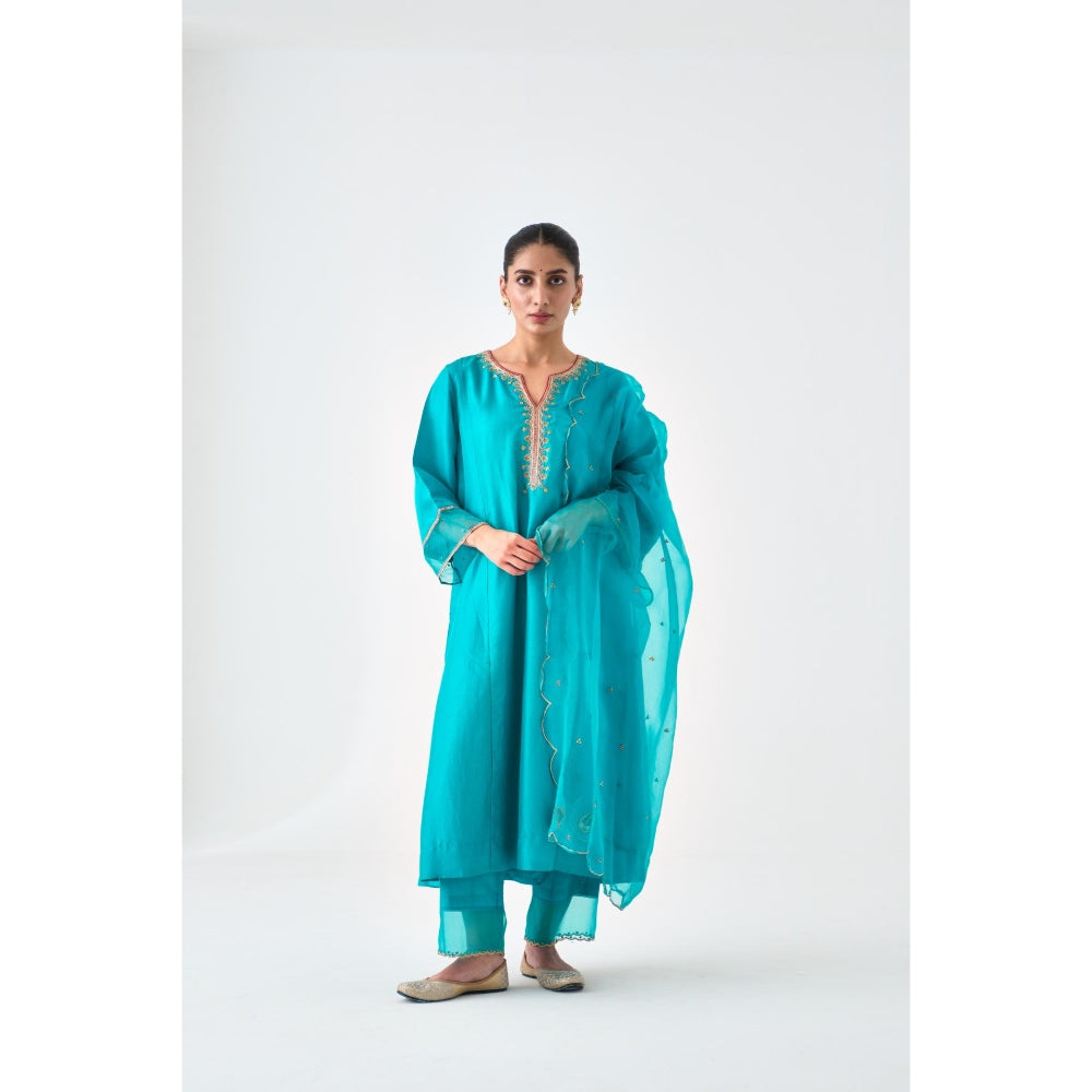 Janki India Turquoise Silk Dupion Embroidered Kurta with Pant and Dupatta (Set of 3)