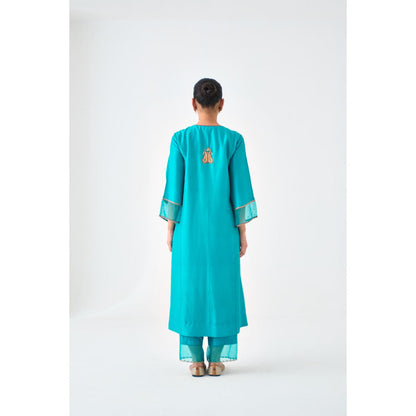 Janki India Turquoise Silk Dupion Embroidered Kurta with Pant and Dupatta (Set of 3)