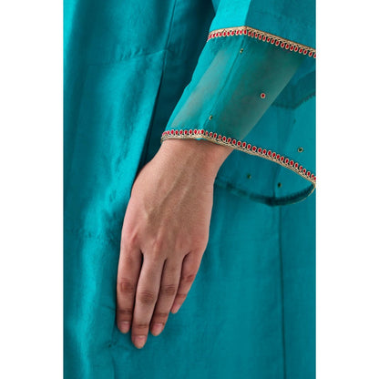 Janki India Turquoise Silk Dupion Embroidered Kurta with Pant and Dupatta (Set of 3)