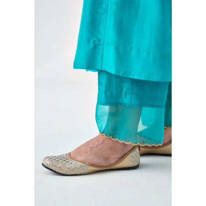 Janki India Turquoise Silk Dupion Embroidered Kurta with Pant and Dupatta (Set of 3)