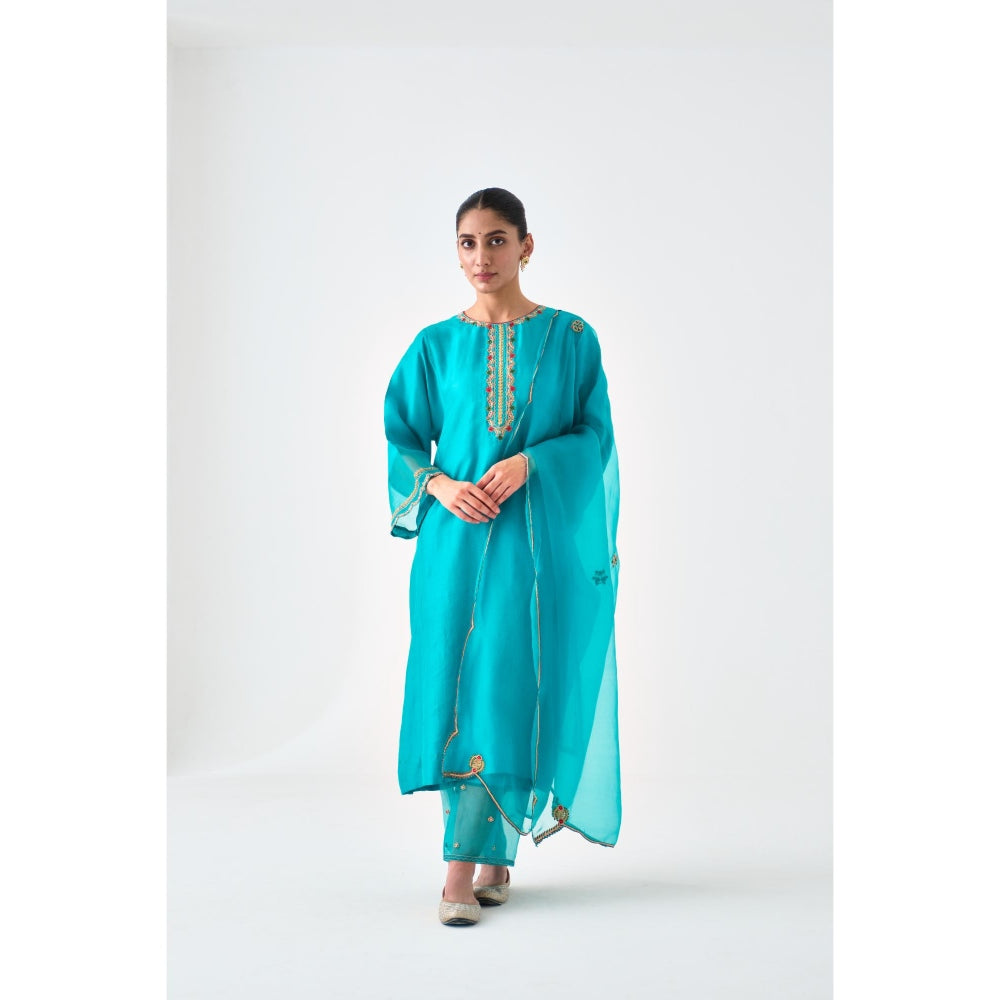 Janki India Turquoise Dupion Silk Embroidered Kurta with Pant and Dupatta (Set of 3)