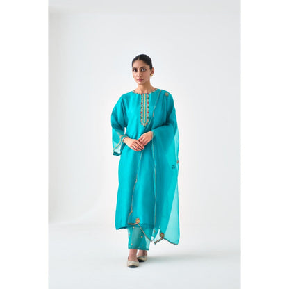 Janki India Turquoise Dupion Silk Embroidered Kurta with Pant and Dupatta (Set of 3)