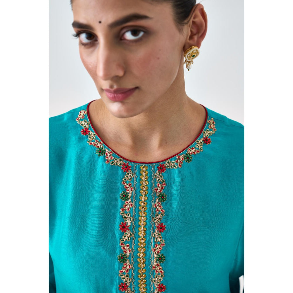 Janki India Turquoise Dupion Silk Embroidered Kurta with Pant and Dupatta (Set of 3)