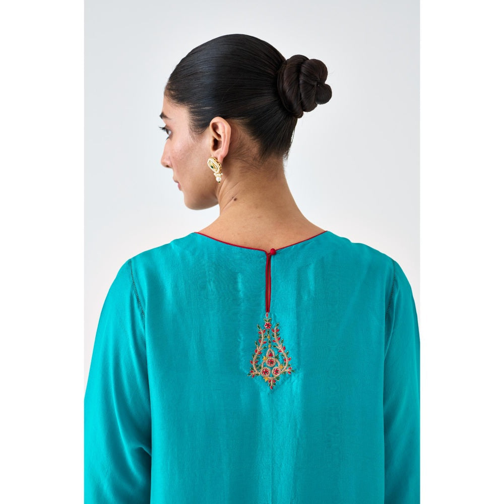 Janki India Turquoise Dupion Silk Embroidered Kurta with Pant and Dupatta (Set of 3)