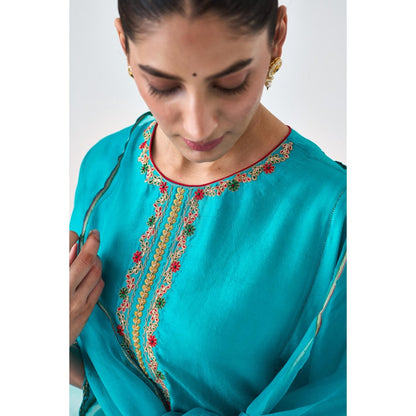 Janki India Turquoise Dupion Silk Embroidered Kurta with Pant and Dupatta (Set of 3)