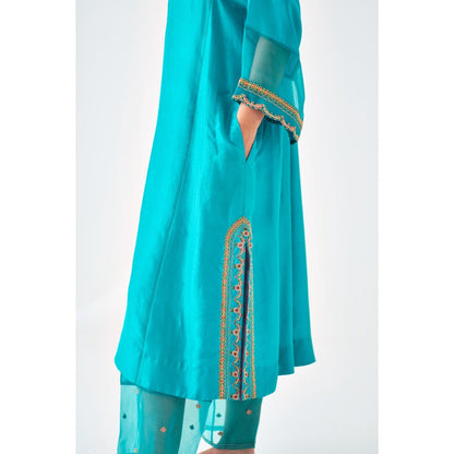 Janki India Turquoise Dupion Silk Embroidered Kurta with Pant and Dupatta (Set of 3)