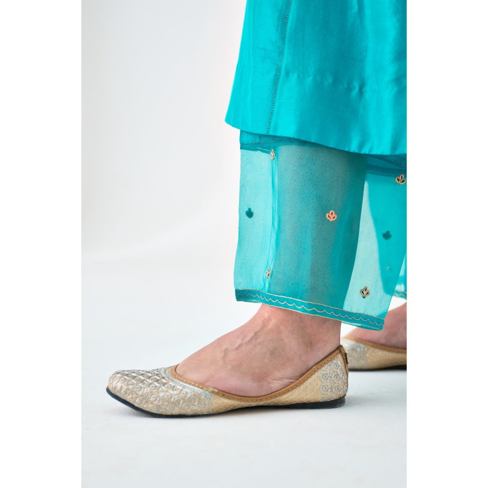Janki India Turquoise Dupion Silk Embroidered Kurta with Pant and Dupatta (Set of 3)