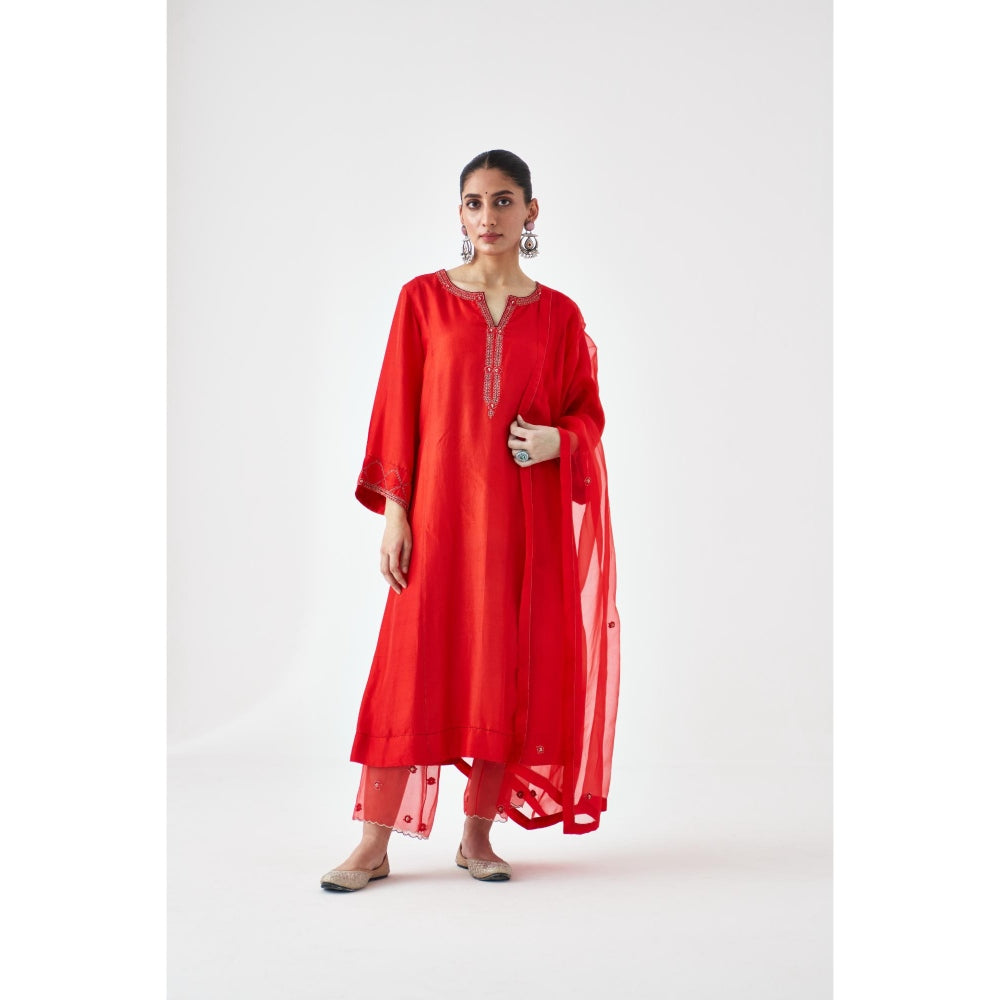 Janki India Red Silk Dupion Embroidered Kurta with Pant and Dupatta (Set of 3)