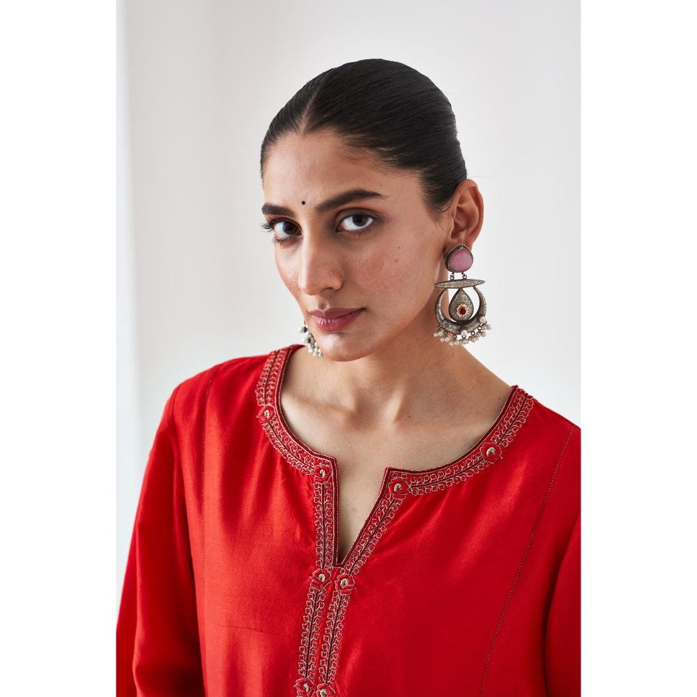 Janki India Red Silk Dupion Embroidered Kurta with Pant and Dupatta (Set of 3)
