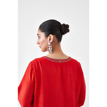 Janki India Red Silk Dupion Embroidered Kurta with Pant and Dupatta (Set of 3)