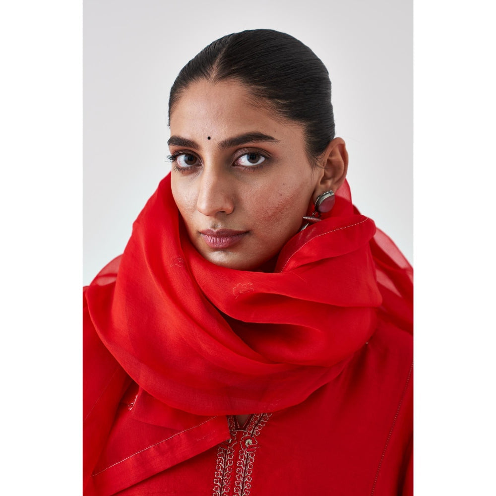 Janki India Red Silk Dupion Embroidered Kurta with Pant and Dupatta (Set of 3)