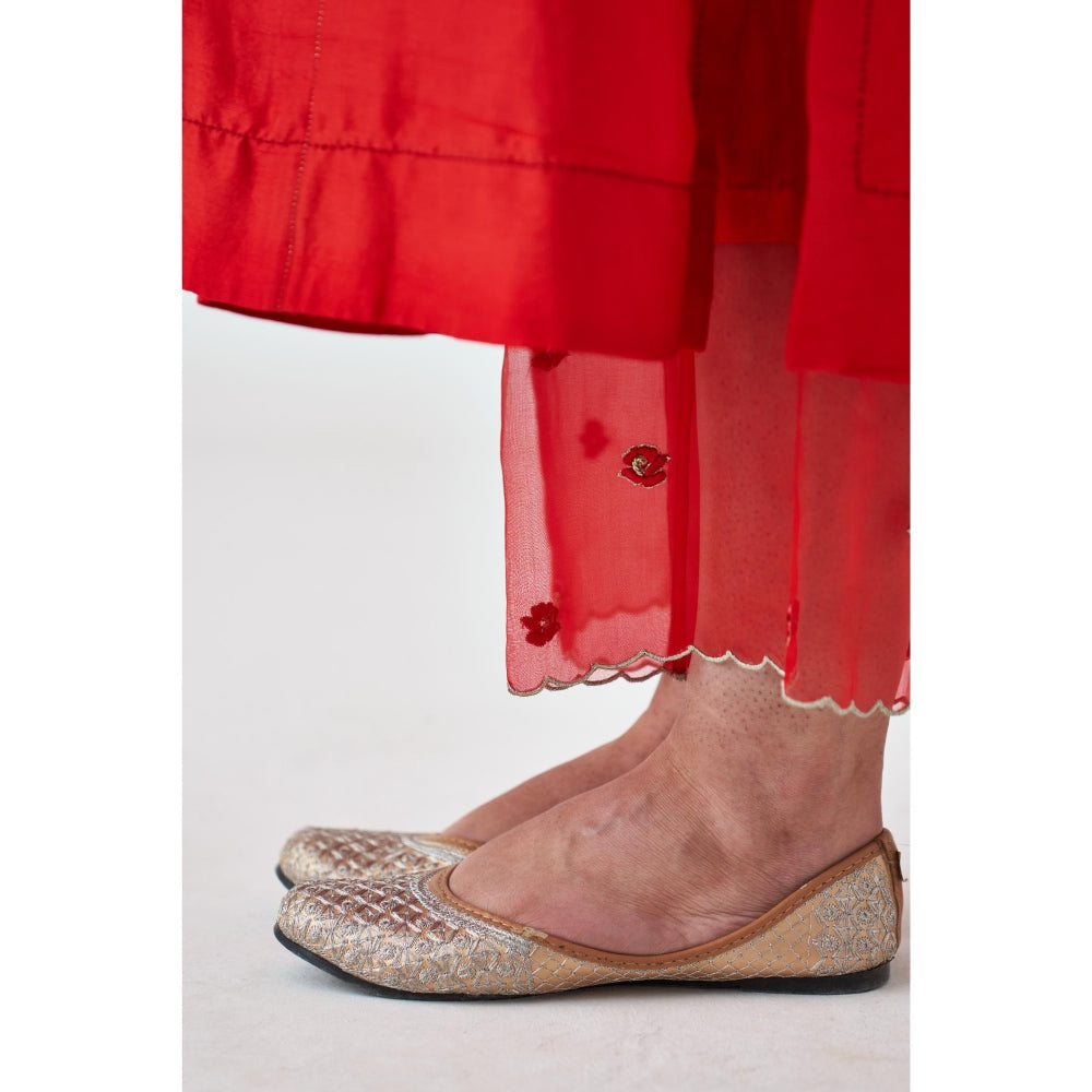 Janki India Red Silk Dupion Embroidered Kurta with Pant and Dupatta (Set of 3)