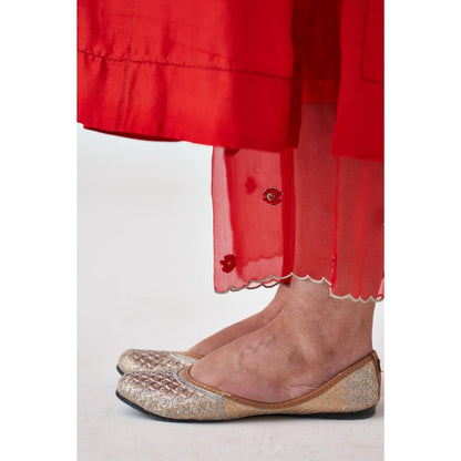 Janki India Red Silk Dupion Embroidered Kurta with Pant and Dupatta (Set of 3)