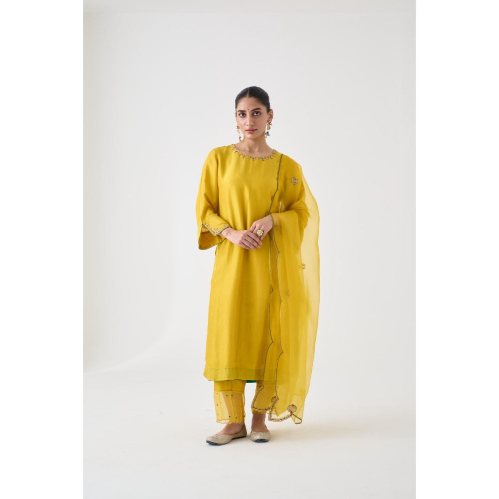 Janki India Yellow Silk Dupion Embroidered Kurta with Pant and Dupatta (Set of 3)