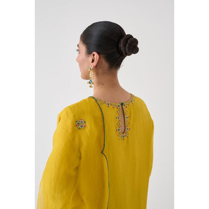 Janki India Yellow Silk Dupion Embroidered Kurta with Pant and Dupatta (Set of 3)