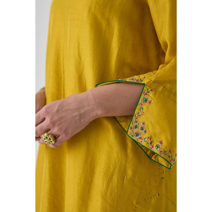 Janki India Yellow Silk Dupion Embroidered Kurta with Pant and Dupatta (Set of 3)