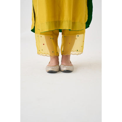 Janki India Yellow Silk Dupion Embroidered Kurta with Pant and Dupatta (Set of 3)