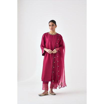Janki India Wine Silk Dupion Embroidered Kurta with Pant and Dupatta (Set of 3)