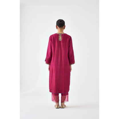 Janki India Wine Silk Dupion Embroidered Kurta with Pant and Dupatta (Set of 3)