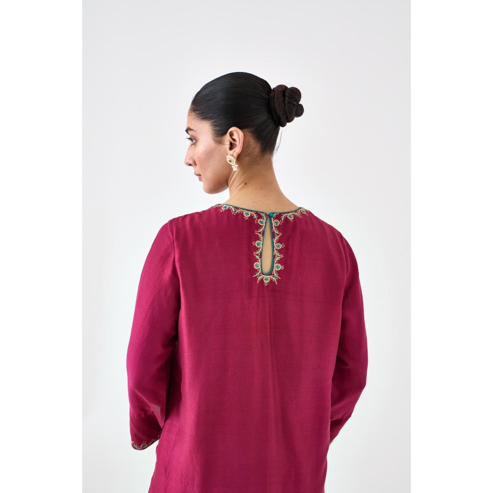 Janki India Wine Silk Dupion Embroidered Kurta with Pant and Dupatta (Set of 3)