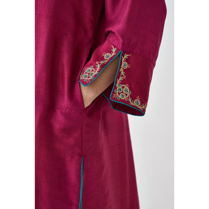 Janki India Wine Silk Dupion Embroidered Kurta with Pant and Dupatta (Set of 3)