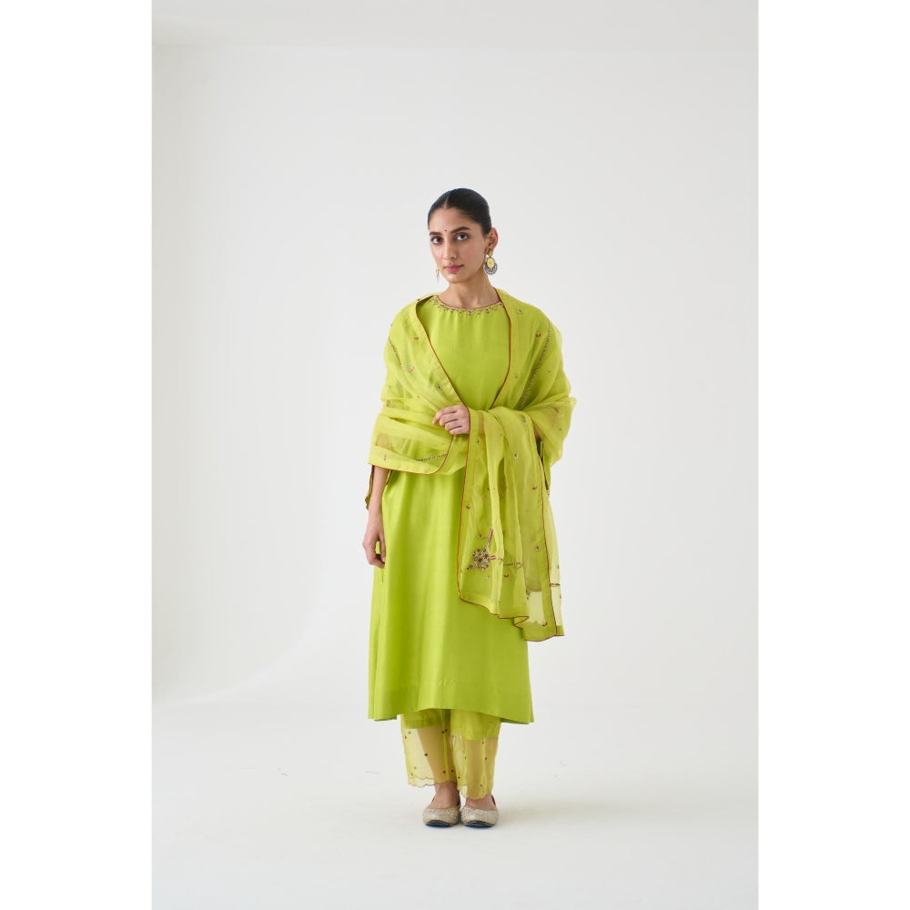 Janki India Lime Green Dupion Silk Embroidered Kurta with Pant and Dupatta (Set of 3)