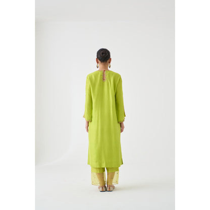 Janki India Lime Green Dupion Silk Embroidered Kurta with Pant and Dupatta (Set of 3)