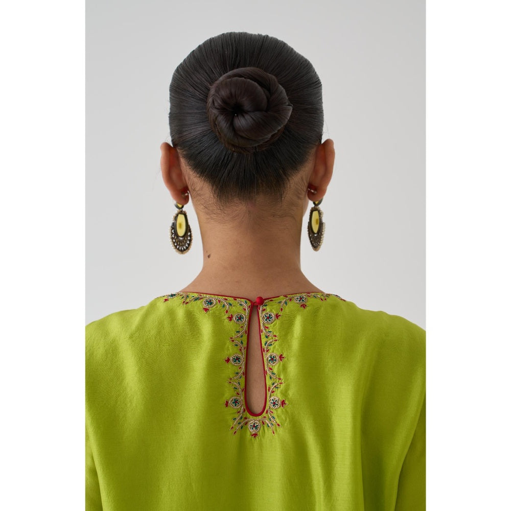 Janki India Lime Green Dupion Silk Embroidered Kurta with Pant and Dupatta (Set of 3)