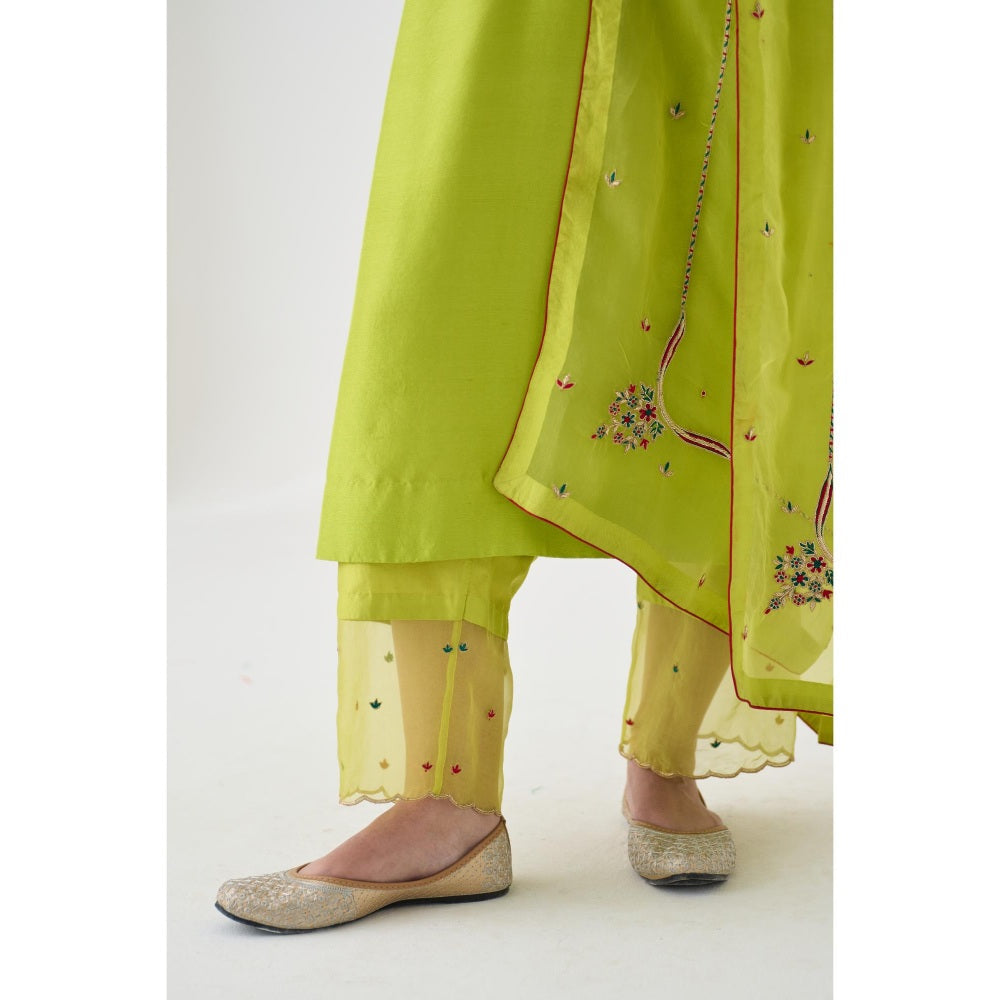 Janki India Lime Green Dupion Silk Embroidered Kurta with Pant and Dupatta (Set of 3)