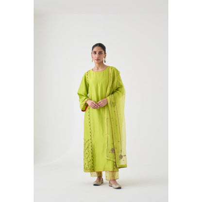 Janki India Lime Green Dupion Silk Embroidered Kurta with Pant and Dupatta (Set of 3)