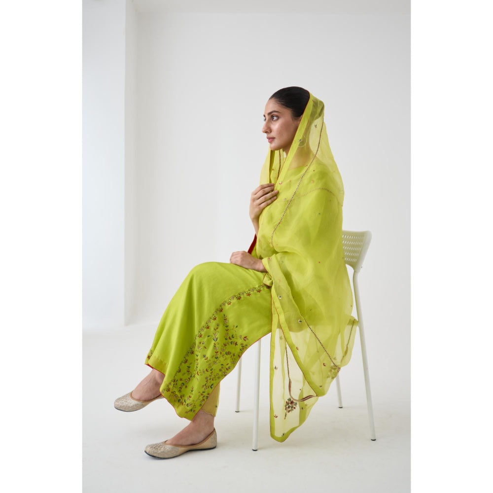 Janki India Lime Green Dupion Silk Embroidered Kurta with Pant and Dupatta (Set of 3)