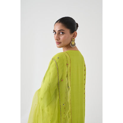 Janki India Lime Green Dupion Silk Embroidered Kurta with Pant and Dupatta (Set of 3)