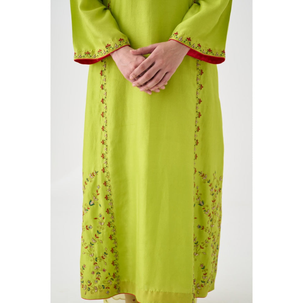 Janki India Lime Green Dupion Silk Embroidered Kurta with Pant and Dupatta (Set of 3)