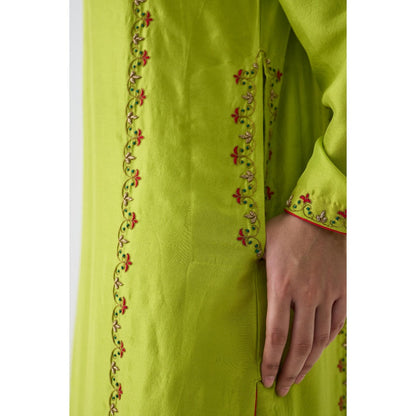 Janki India Lime Green Dupion Silk Embroidered Kurta with Pant and Dupatta (Set of 3)