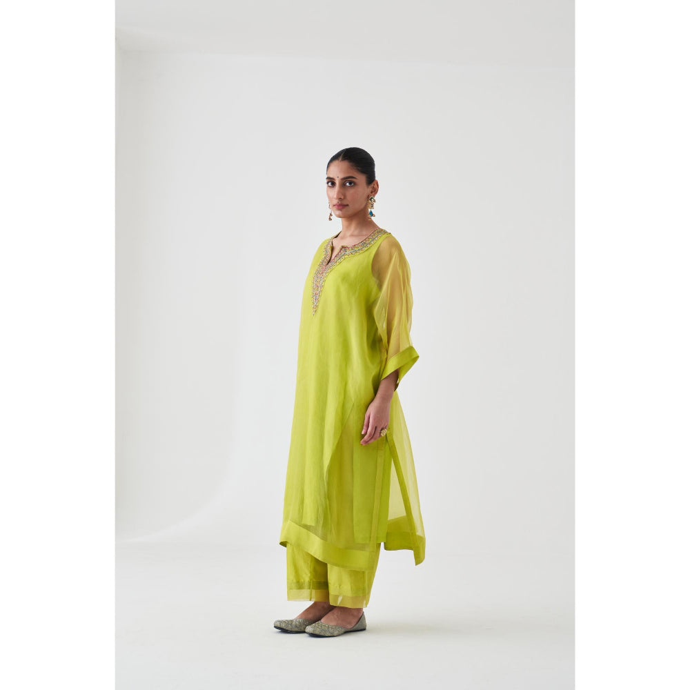 Janki India Lime Green Organza Embroidered Kaftan with Slip and Pant (Set of 3)