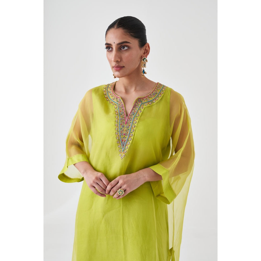 Janki India Lime Green Organza Embroidered Kaftan with Slip and Pant (Set of 3)