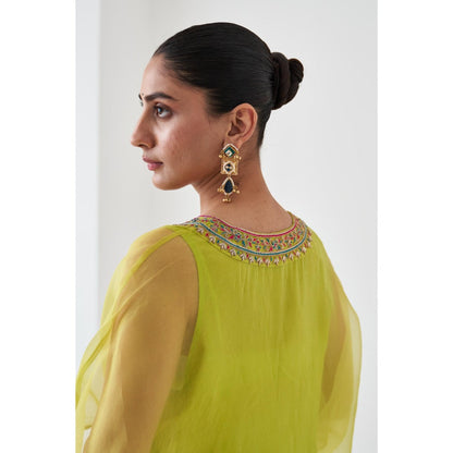 Janki India Lime Green Organza Embroidered Kaftan with Slip and Pant (Set of 3)